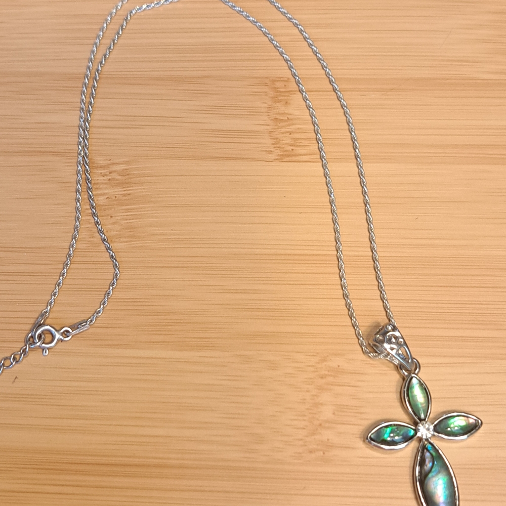 Silver Abalone Cross Pendant Necklace - Picture 2 of 5